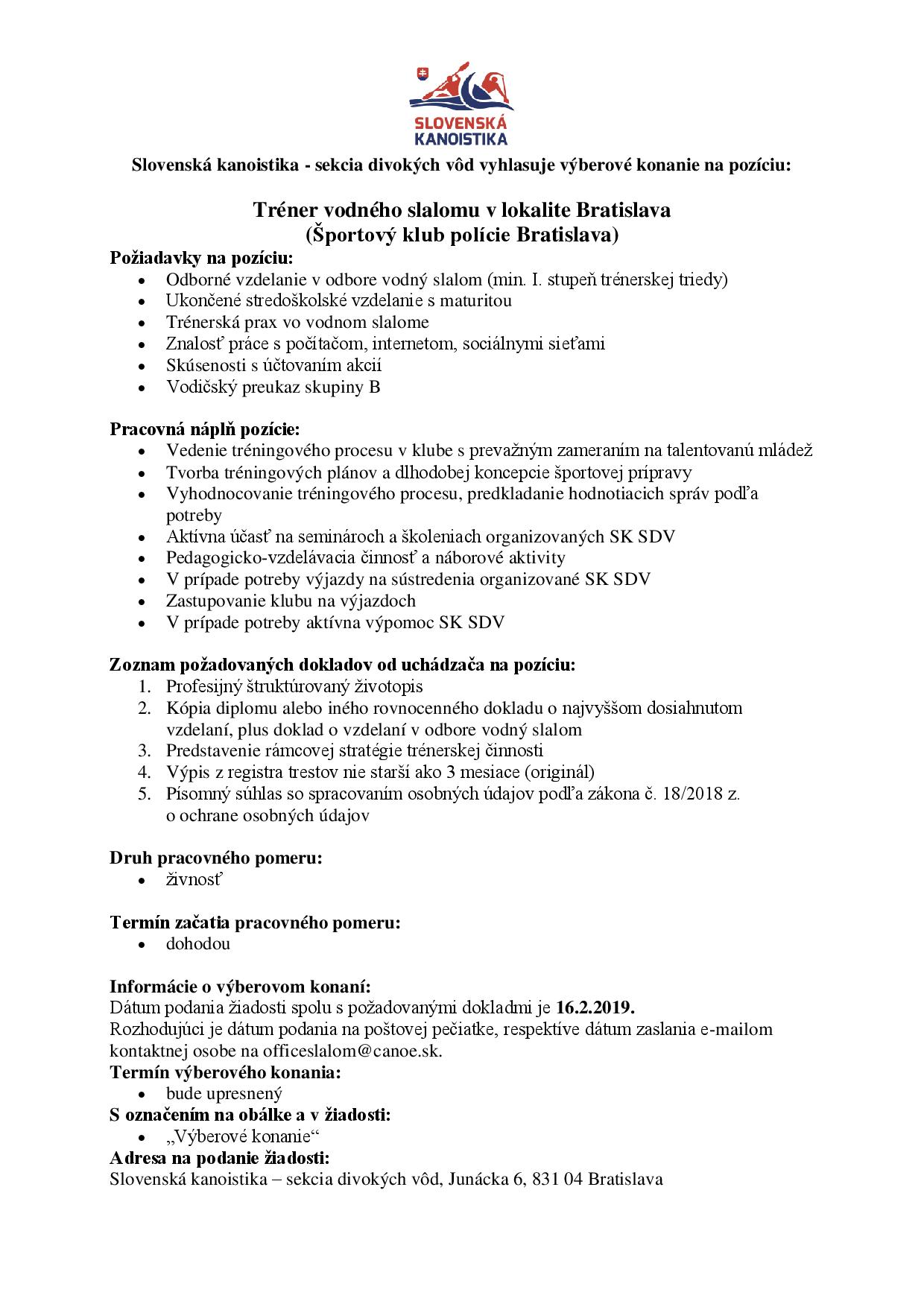 Výberové konanie na pozíciu trénera mládeže v Bratislave